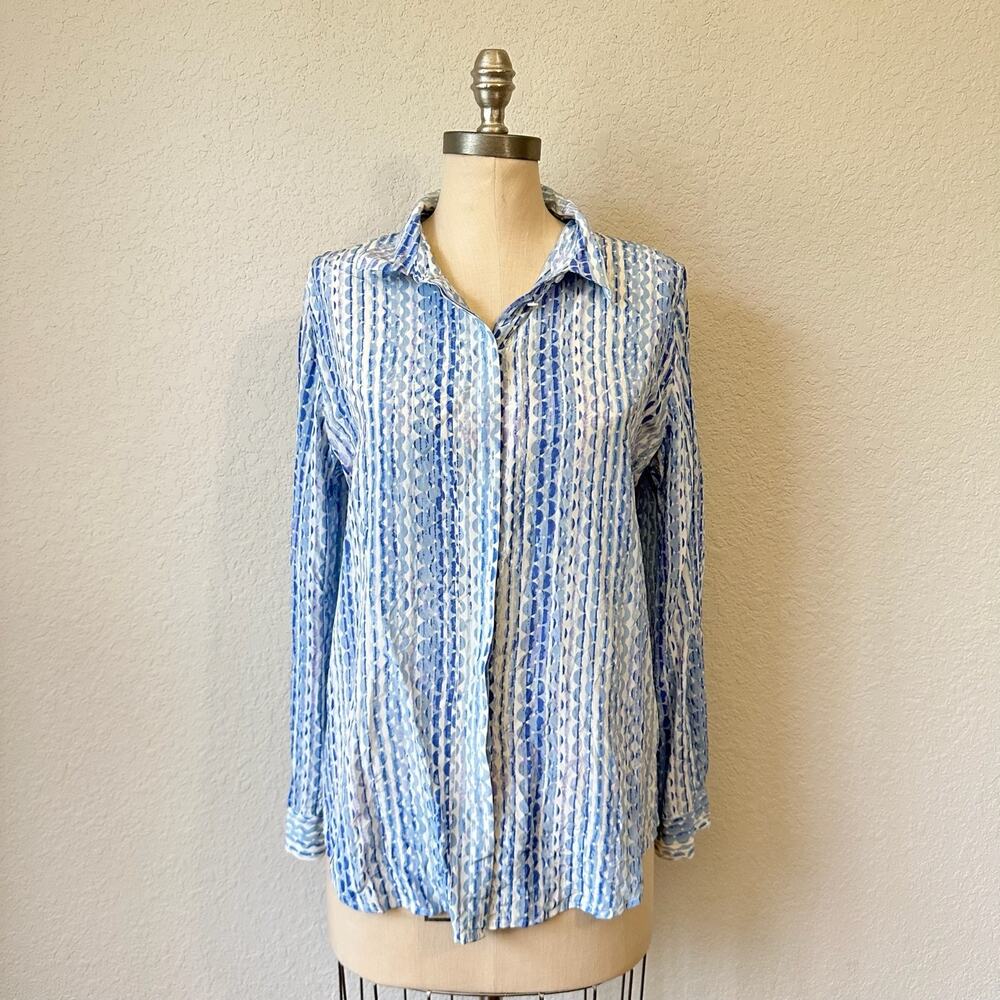 PURE COLLECTION Button Up Shirt Light Blue White Geometric Silk LS